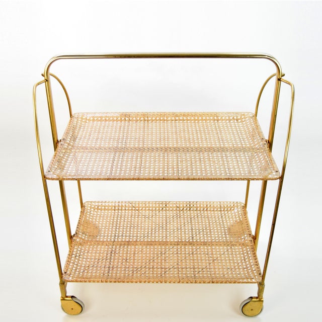 Mid-Century Folding Bar Cart with Rattan Mesh and Acrylic Glass Shelves, 1960s For Sale - Image 4 of 6