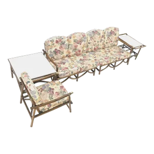 Vogue Rattan Bamboo c1970s Sofa Matching Chair Pair of End Tables - 5 Piece Set