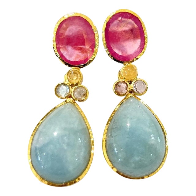 Bochic "Orient" Multi Sapphire, Aquamarine & Ruby Earrings Set 18K Gold&Silver For Sale