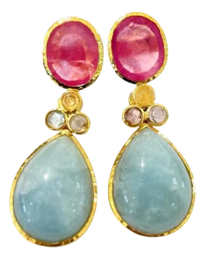 Bochic "Orient" Multi Sapphire, Aquamarine & Ruby Earrings Set 18K Gold&Silver
