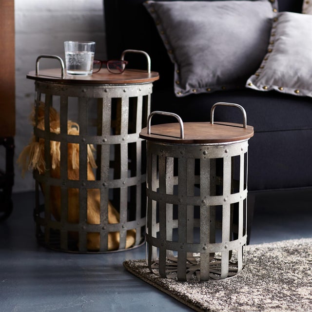 Modern Metal and Wood Side Basket Tables (Set of 2) For Sale - Image 3 of 6