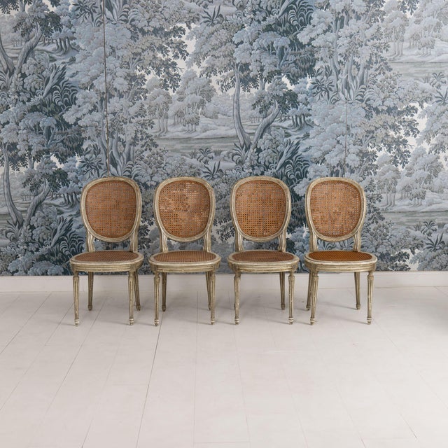 19th Century Set of Eight 19th C. French Louis XVI Oval Back Cane Chairs in Original Paint For Sale - Image 5 of 18