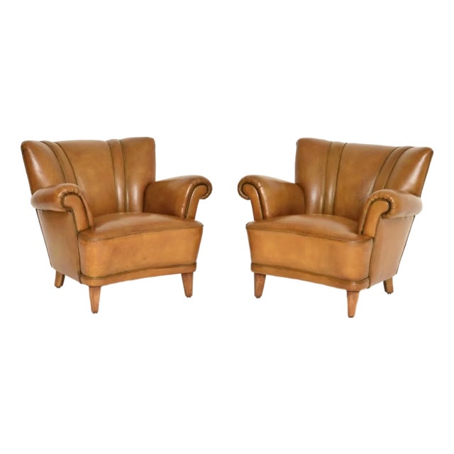Vintage Swedish Leather Club Armchairs, 1940s, Set of 2 For Sale