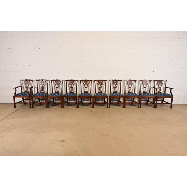 English Baker Furniture Style Georgian Carved Mahogany Dining Chairs, Set of Ten For Sale - Image 3 of 11