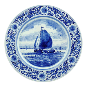 Mid 20th Century Hand Painted White and Blue Delft Sailing Boat Wall Decorative Plate