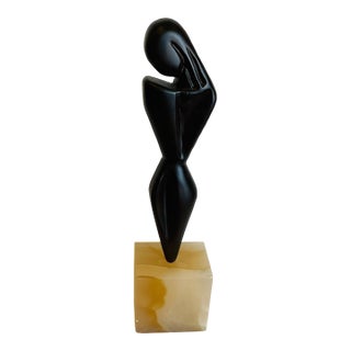 Mid Century Hand Carved Teak Sculpture on Alabaster Base For Sale