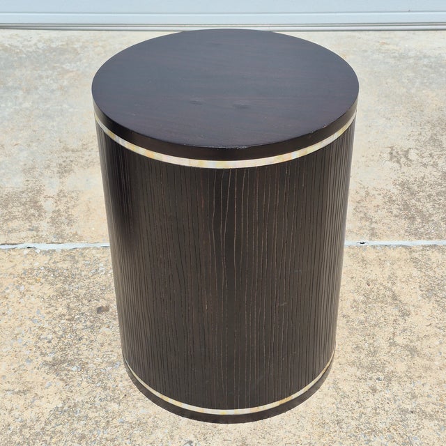 Transitional 2000s Faux Bois Wood & Mother of Pearl Drum Tables Drink Accent Side Tables, a Pair For Sale - Image 3 of 14