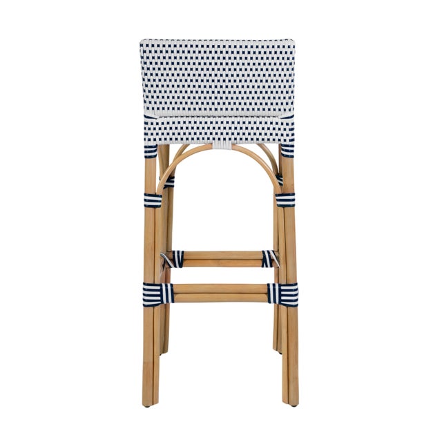 Wood Serienna 30 in. Seat Height Rectangular Rattan Low Back Bar Stool, White/Navy Dot / Natural Rattan Frame For Sale - Image 7 of 9