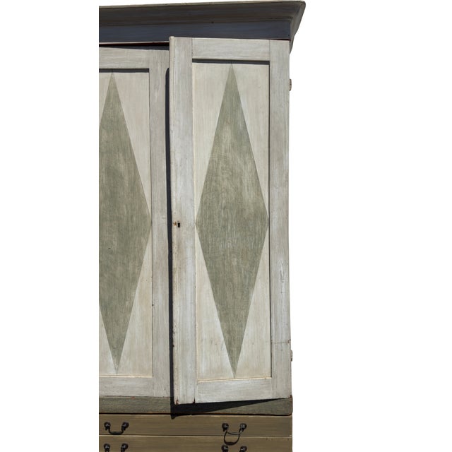 Mid 20th Century Antique Gustavian Style Painted Armoire With Painted Diamond Panels & Coral Interior For Sale - Image 5 of 14