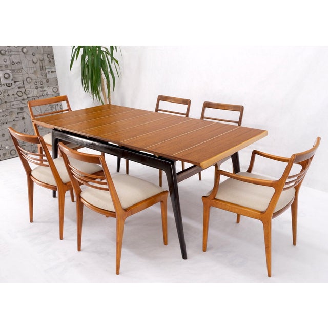 Italian Mid-Century Modern dining table 8 chairs set new linen upholstery seats Mint!. Measures- Chair: 18'' x 20'' x 33''...