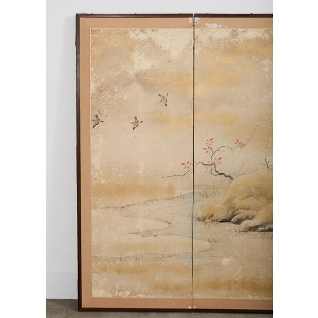 Japanese Japanese Edo Two Panel Screen Meandering Stream With Birds For Sale - Image 3 of 12