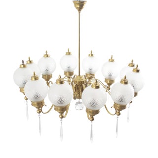 Brass and Glass 10-Arm Chandelier by A. Lelii for Arteluce, Italy, 1950s For Sale