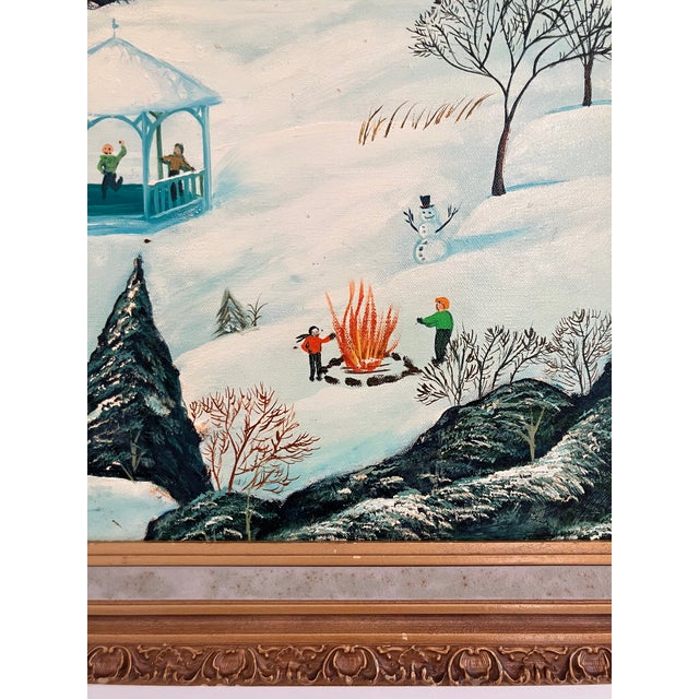 Blue Large Vintage Winter Folk Painting by Stan Well For Sale - Image 8 of 13
