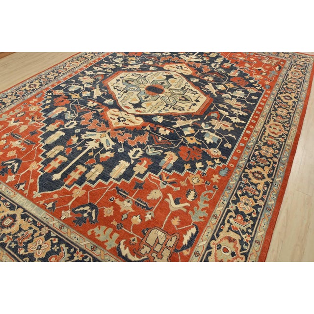 Farmhouse Heriz Rug 9’10” X 13’11” Orange Wool Traditional Hand-Knotted Carpet For Sale - Image 3 of 15