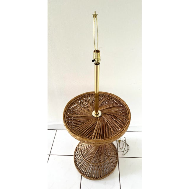 Mid 20th Century Mid Century Rattan Floor Lamp With Side Hourglass Table Base For Sale - Image 5 of 9