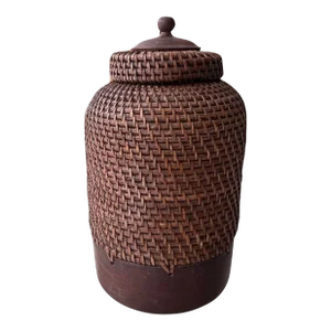 Filipino Handwoven Rattan and Wood Ginger Jar With Lid From the Philippines