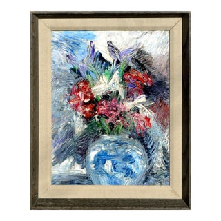 Impressionistic Blue Vase With Flowers For Sale