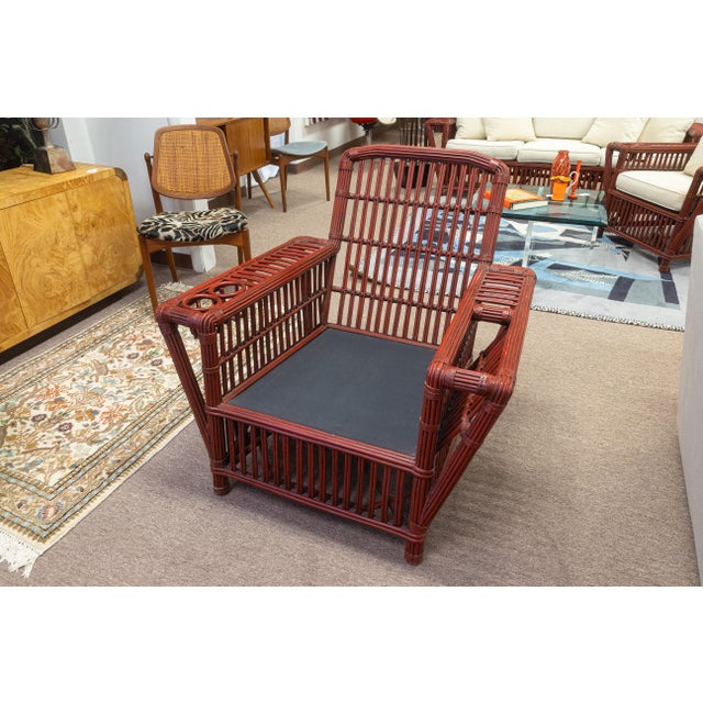 Pair of Vintage Palecek President's Chairs Red Rattan White Cushion Patio Chairs For Sale - Image 13 of 16