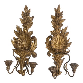 Italian Baroque Carved Gilt Wood Wall Sconces - A Pair For Sale