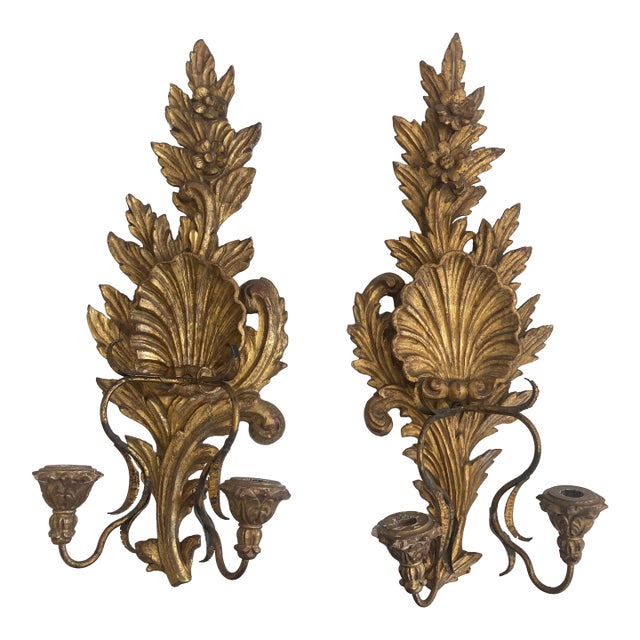 Italian Baroque Carved Gilt Wood Wall Sconces - A Pair For Sale