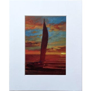 Sailboat in Dark Sunset - 5x7" Painting on Paper in 8x10 White Matte For Sale