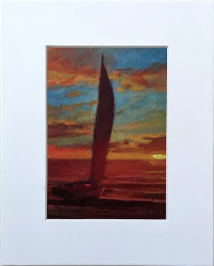 Sailboat in Dark Sunset - 5x7" Painting on Paper in 8x10 White Matte