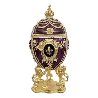 Pierre Lorren Handmade Faberge Egg Style Trinket Fabergé Egg Style Austrian Crystal Diamond Pure Gold Deco Hand Painted 5 Star Egg & Handmade Bracelet For Sale