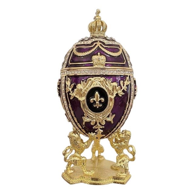 Pierre Lorren Handmade Faberge Egg Style Trinket Fabergé Egg Style Austrian Crystal Diamond Pure Gold Deco Hand Painted 5 Star Egg & Handmade Bracelet For Sale