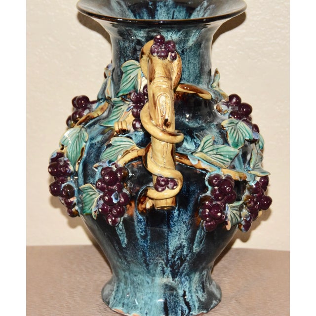 19th Century Antique Majolica Flambé Vase/Urn Relief Grapes Leaves For Sale - Image 5 of 8