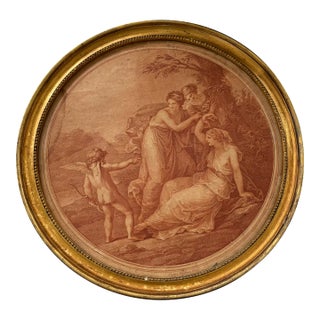 Late 18th Century Georgian Neoclassical Stipple Engraving After Angelica Kauffman Tondo Painting "Cupid and the Three Graces" For Sale