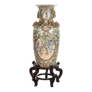 Monumental Vintage Chinese Rose Medallion Vase With Carved Hardwood Base 20thC For Sale