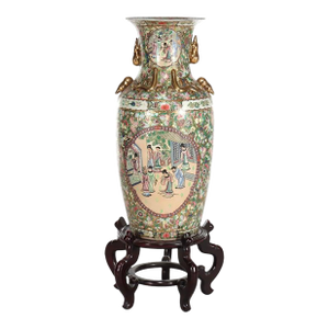 Monumental Vintage Chinese Rose Medallion Vase With Carved Hardwood Base 20thC