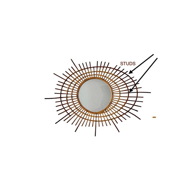 Mid-Century Modern Large Asymmetrical Bamboo Rattan Sunburst Mirror with Nails, 1960s For Sale - Image 3 of 9
