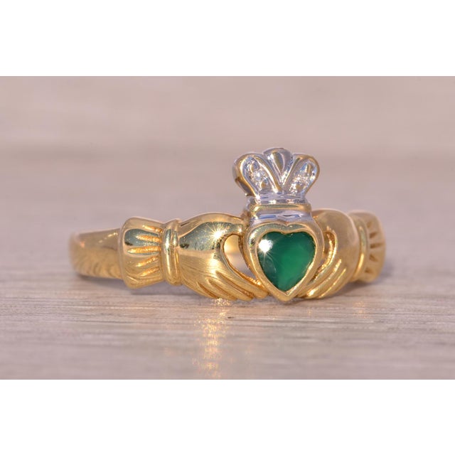 Gold The Naas: Irish Made Designer Signed Green Agate and Natural Diamond Claddagh Ring For Sale - Image 8 of 11