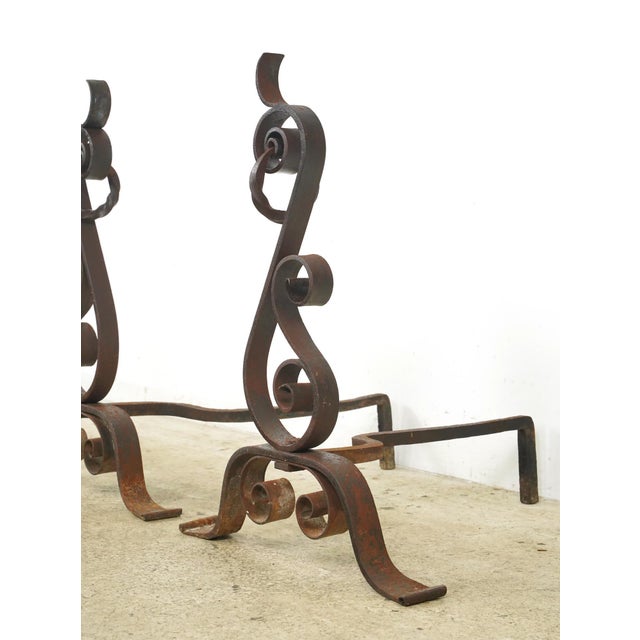 Arts & Crafts Pair of Arts & Crafts Antique Wrought Iron Andirons For Sale - Image 3 of 9