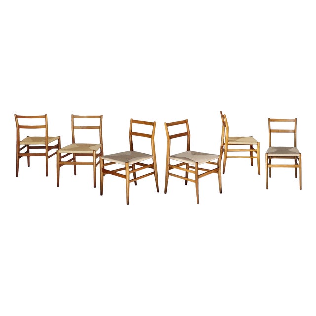 Mid-Century Modern Italian Straw and Wood Leggera Chairs by Gio Ponti for Cassina, 1960s, Set of 6 For Sale