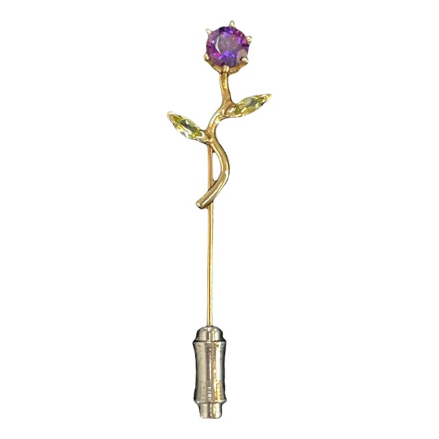 14k Yellow Gold Floral Stickpin With Amethyst Center and Marquise Leaves For Sale