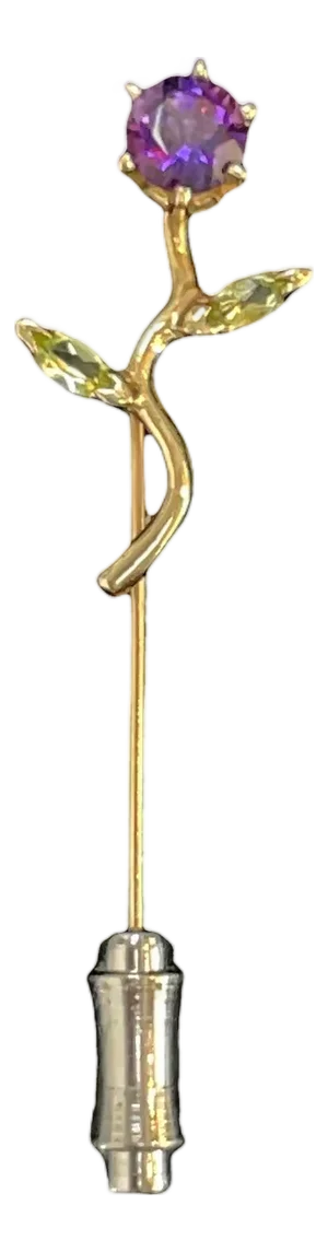 14k Yellow Gold Floral Stickpin With Amethyst Center and Marquise Leaves