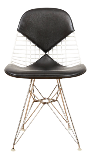 Wire Chair with Chrome-Plated Eiffel Base Chair, White Wire Mesh Shell and Black Leather Bikini Upholstery by Ray and Charles Eames for Vitra, 1951