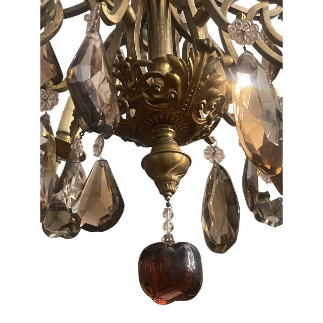 French French Early 20th Century Brass and Bronze Chandelier W Mixed Cut Crystal Colors For Sale - Image 3 of 9