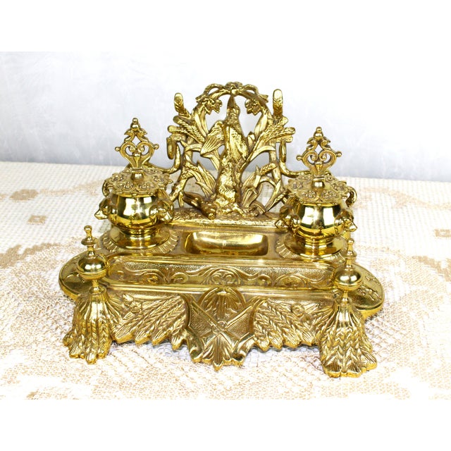 Early 20th Century Polished Solid Brass Cast Ornamental Renaissance Style Dual Inkwell. Absolutely beautiful piece. Glass...