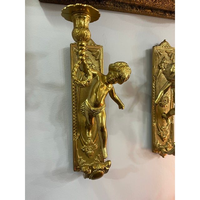 Grand Tour Vintage Pair of Italian Solid Brass Cherub Wall Sconce For Sale - Image 3 of 9