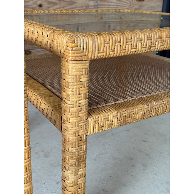 1970s Vintage Organic Modern Rattan & Cane Side Tables With Glass Tops – Pair For Sale - Image 5 of 12