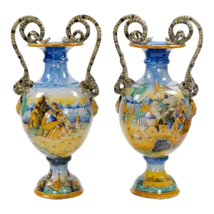 Impressive 19th Century Italian Majolica Centerpiece / Double Snake Handles