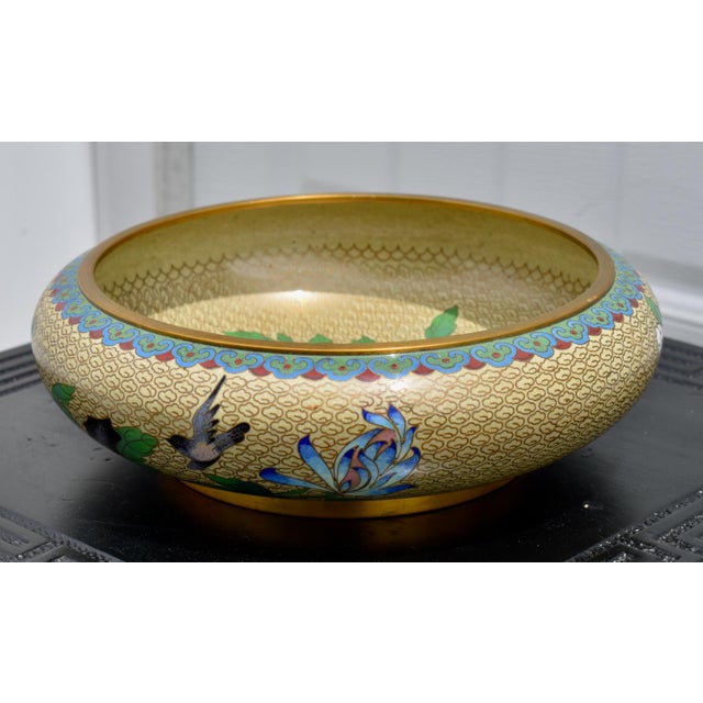 Vintage Chinese Cloisonne Enamel Bowl Bird Chrysanthemum Floral Centerpiece 8" For Sale - Image 4 of 12