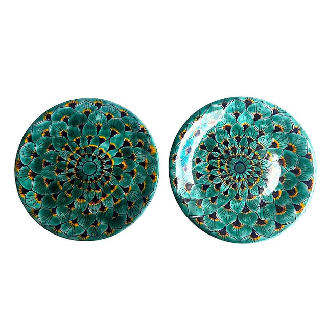 Offered is a pair of hand made and hand painted Talavera Mexico ceramic decorative wall plates/serving platters. These...
