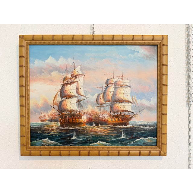 Paint Original Marine Naval Battle Oil Painting Sailing Ships Seascape Framed, Signed For Sale - Image 7 of 12