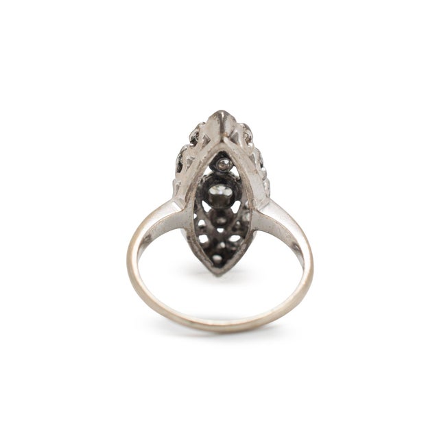 Early 20th Century Antique Edwardian 14k White Gold 1.01ctw Diamond Elongated Navette Cocktail Ring, Size 5.75 For Sale - Image 5 of 8