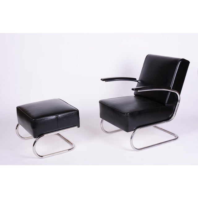 Set of Art Deco Lounge Chair with Ottoman in Chromed Steel and Leather by Willem Hendrik Gispen for Mücke Melder, Czech, 1930s For Sale - Image 12 of 12