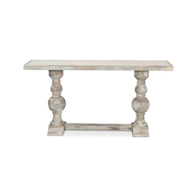 With a hand-rubbed and antiqued grey painted finish, the top inset with Calacatta gloss porcelain, raised two turned...